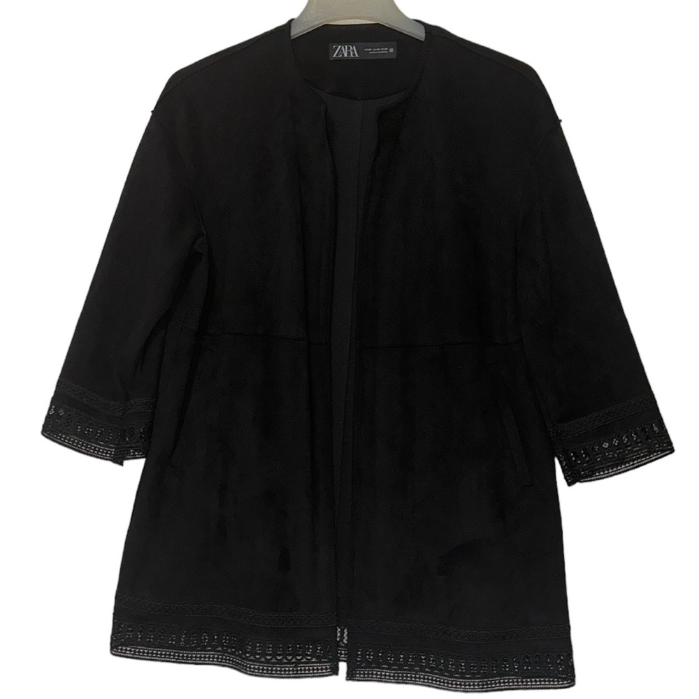 Zara Faux Suede Open Front Jacket with Lace Trim in Black Size XS